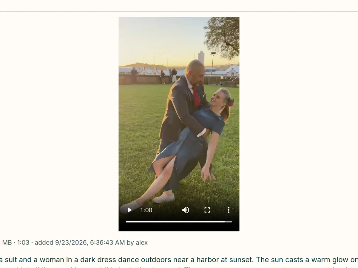 The video opened and playing from the matching moment, with the moment's description and tags beside it.