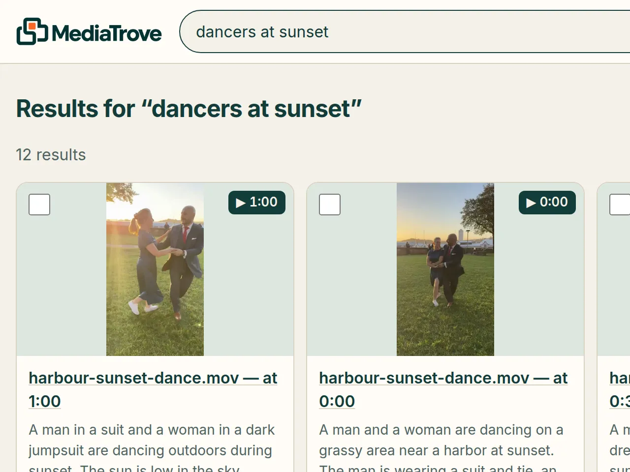 MediaTrove on a computer: results for 'dancers at sunset'. The top result is harbour-sunset-dance.mov at 1:00, with the scene described in words and its AI tags.