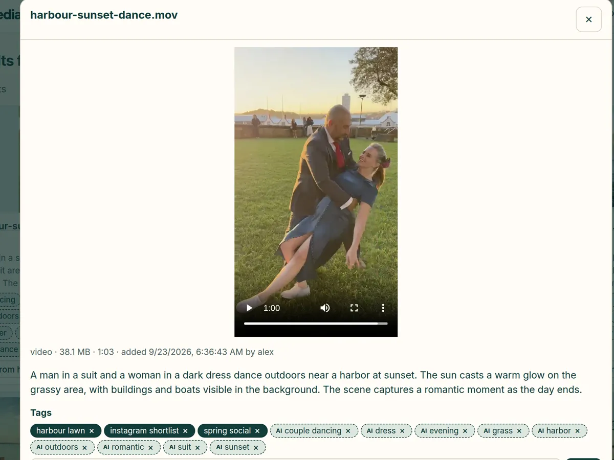 A video open in MediaTrove. The team's own tags (harbour lawn, instagram shortlist, spring social) sit beside the AI's tags, which are marked AI.