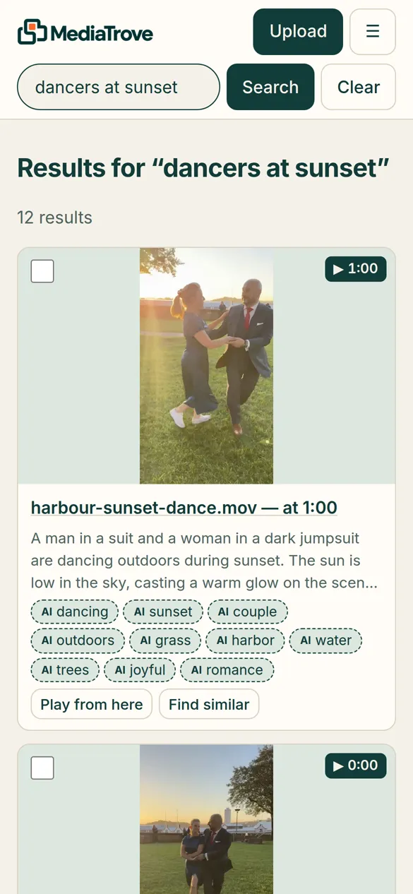 MediaTrove on a phone: the same search, 'dancers at sunset', with harbour-sunset-dance.mov at 1:00 as the top result.