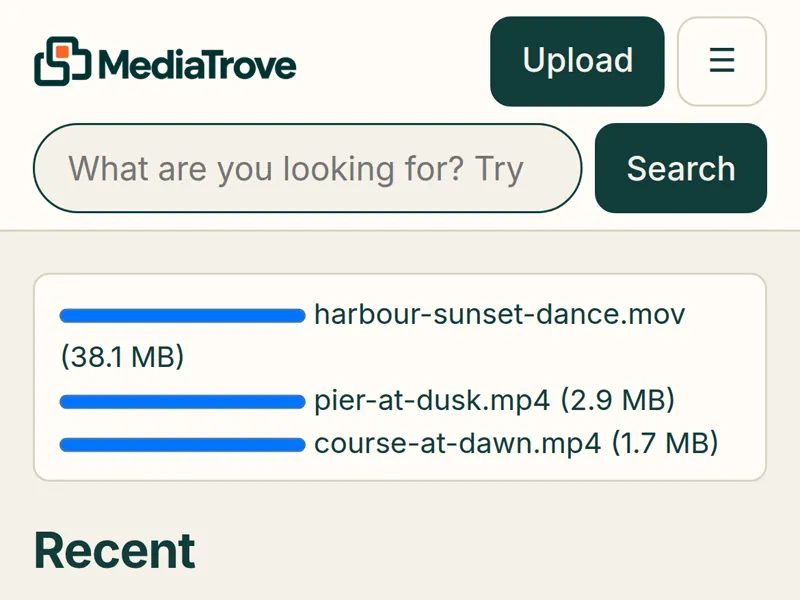 MediaTrove on a phone: four videos, including harbour-sunset-dance.mov, uploading into the shared library.